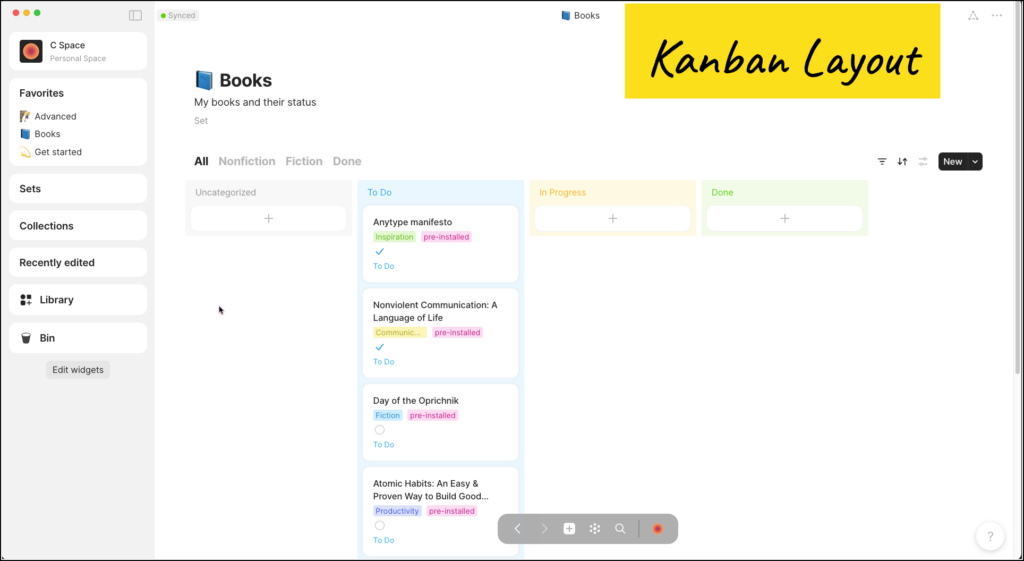 Anytype desktop app Kanban layout
