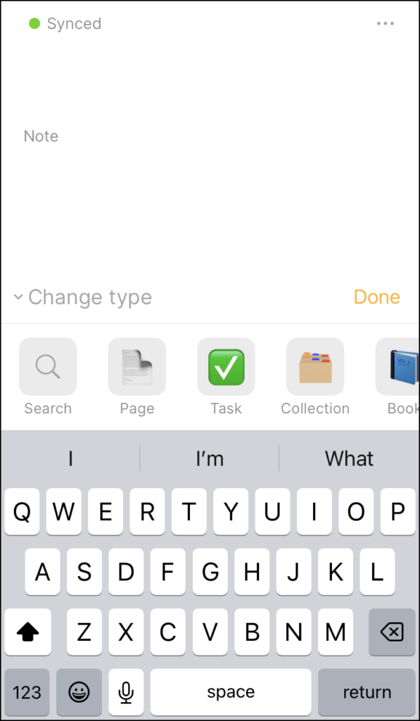 Anytype mobile app new note with type choices