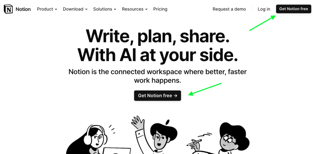 Notion sign up page with arrows pointing to Get Notion Free